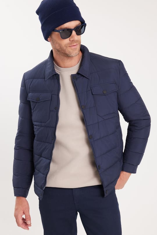 Erkek Regular Fit Klasik Kesim Çift Cepli Çıtçıt Kapamalı Sıcak Tutan Koyu Mavi Mont