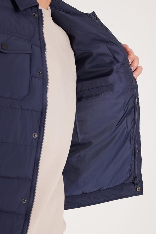 Erkek Regular Fit Klasik Kesim Çift Cepli Çıtçıt Kapamalı Sıcak Tutan Koyu Mavi Mont