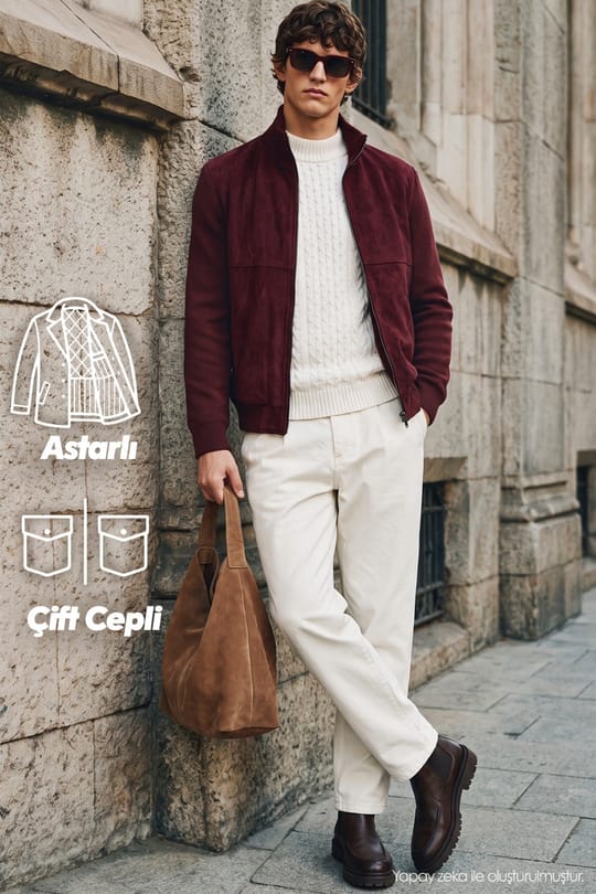 Erkek Relax Fit Rahat Kesim Dik Yaka Fermuarlı Astarlı Süet Görünümlü Triko Kol Cepli Bordo Mont