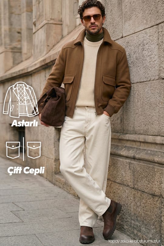 Erkek Regular Fit Rahat Kesim Fermuarlı Astarlı Çift Cep Detaylı Kahverengi Mont