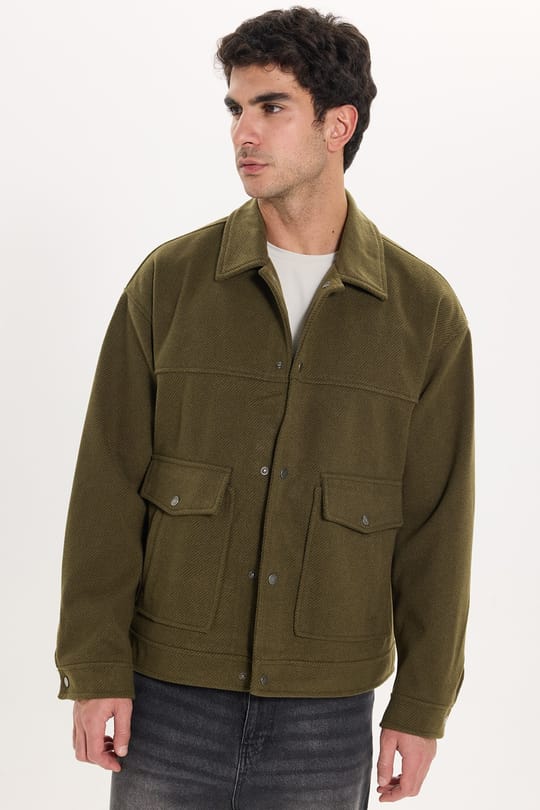 Erkek Regular Fit Klasik Kesim Klasik Yaka Çıt Çıt Kapamalı Çift Cepli Haki Mont