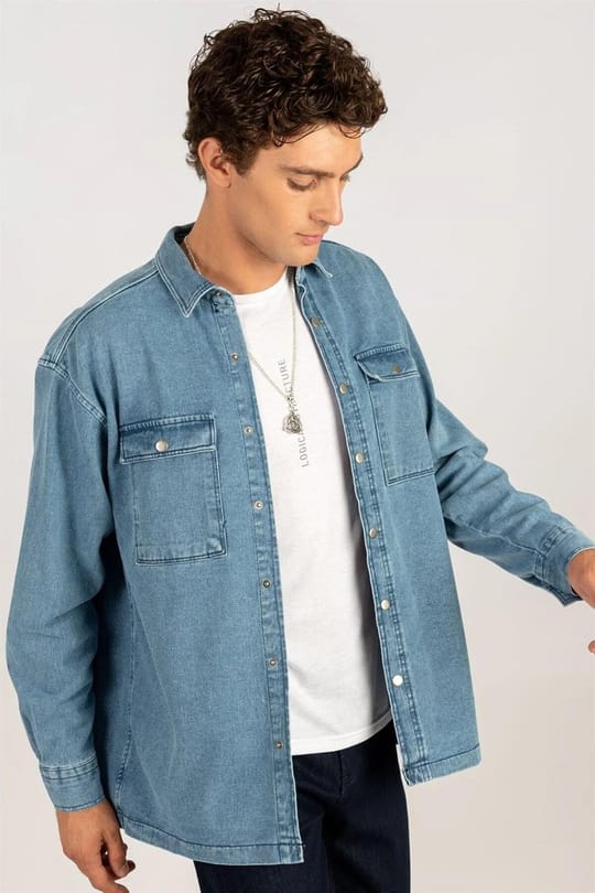 Unisex Oversize Geniş Kesim Denim Kot Çift Cepli Mavi Overshirt Ceket Tarzı Gömlek