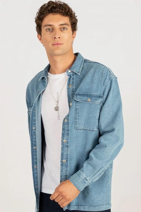 Unisex Oversize Geniş Kesim Denim Kot Çift Cepli Mavi Overshirt Ceket Tarzı Gömlek