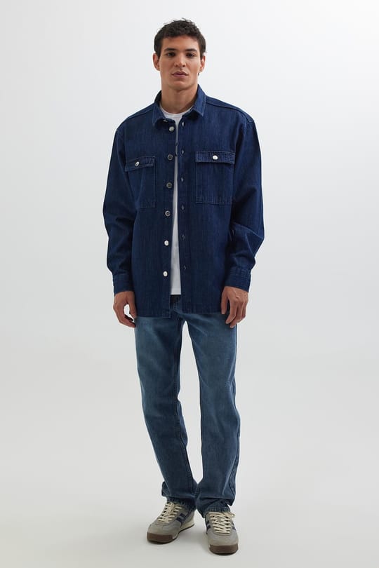 Unisex Oversize Geniş Kesim Denim Kot Çift Cepli Lacivert Overshirt Ceket Tarzı Gömlek