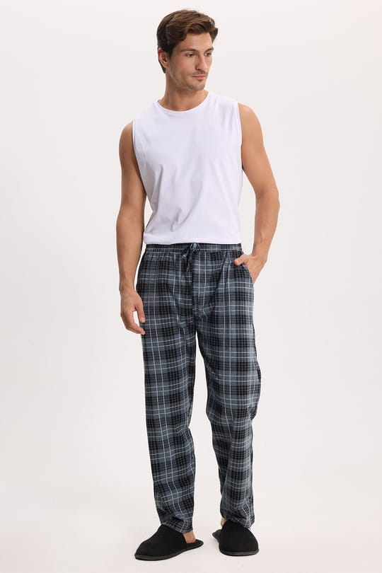 Erkek Standart Fit Normal Kesim Pamuklu Kareli Beli Bağcıklı Cepli Gri Pijama Altı