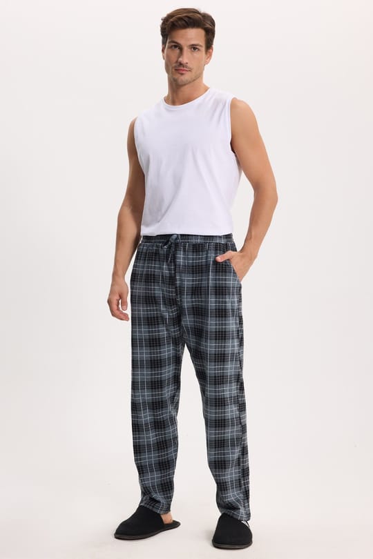 Erkek Standart Fit Normal Kesim Pamuklu Kareli Beli Bağcıklı Cepli Gri Pijama Altı