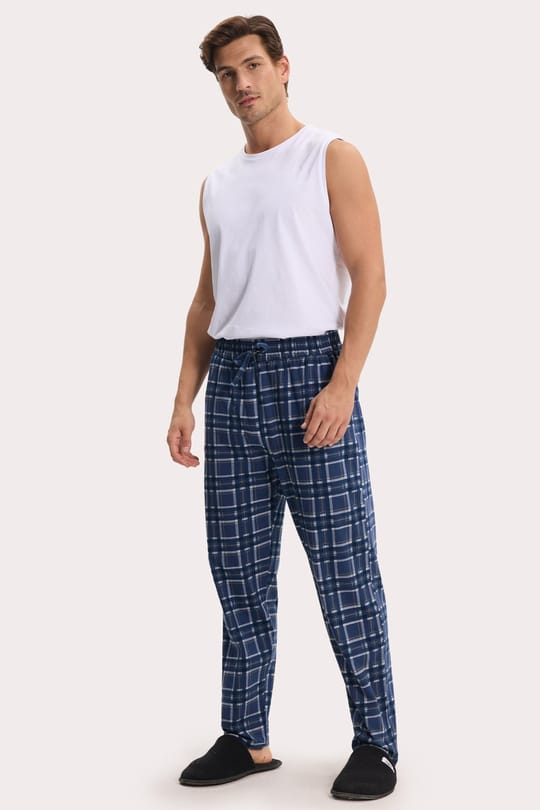 Erkek Standart Fit Normal Kesim Pamuklu Kareli Beli Bağcıklı Cepli  Lacivert Pijama Altı