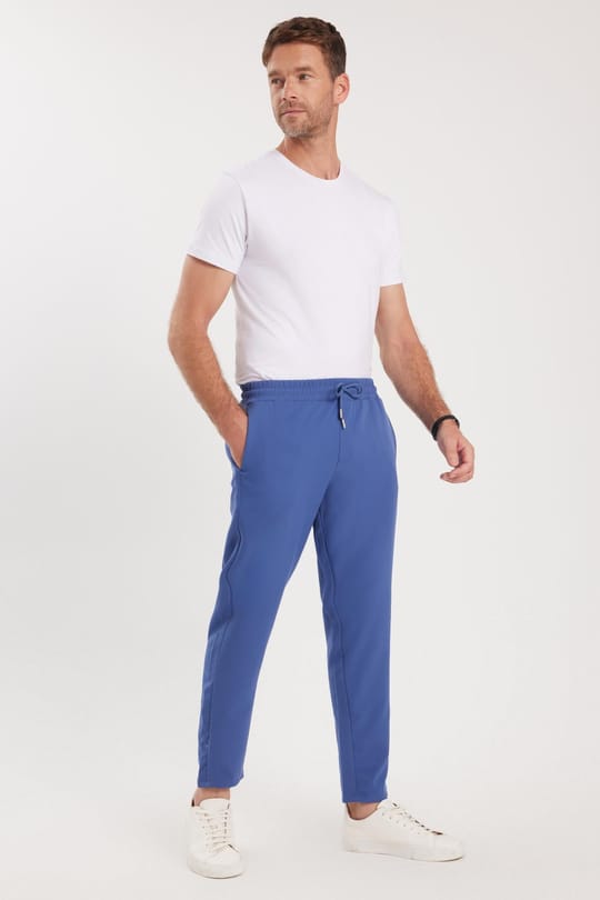 Erkek Regular Fit Beli Lastikli Bağcıklı Jogger İndigo Pantolon Rahat Kesim Yan Cepli
