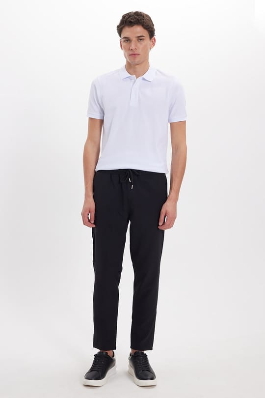 Erkek Regular Fit Beli Lastikli Bağcıklı Jogger Siyah Pantolon Rahat Kesim Yan Cepli