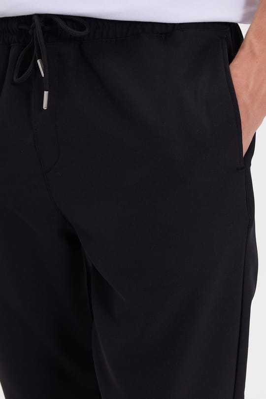 Erkek Regular Fit Beli Lastikli Bağcıklı Jogger Siyah Pantolon Rahat Kesim Yan Cepli