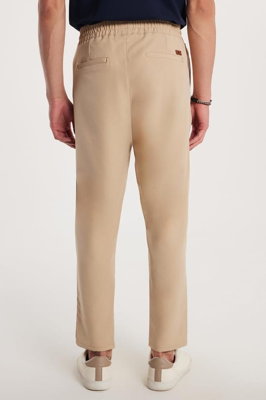 Erkek Regular Fit Beli Lastikli Bağcıklı Jogger Bej Pantolon Rahat Kesim Yan Cepli