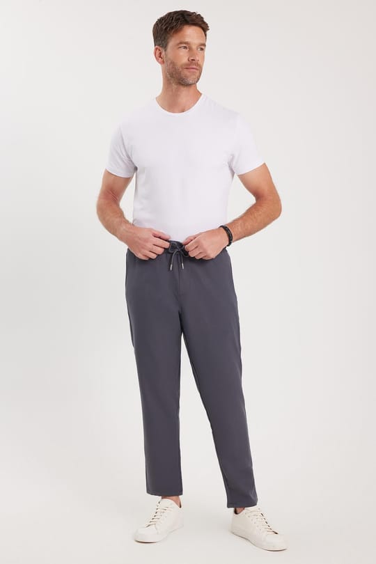 Erkek Regular Fit Beli Lastikli Bağcıklı Jogger Koyu Gri Pantolon Rahat Kesim Yan Cepli