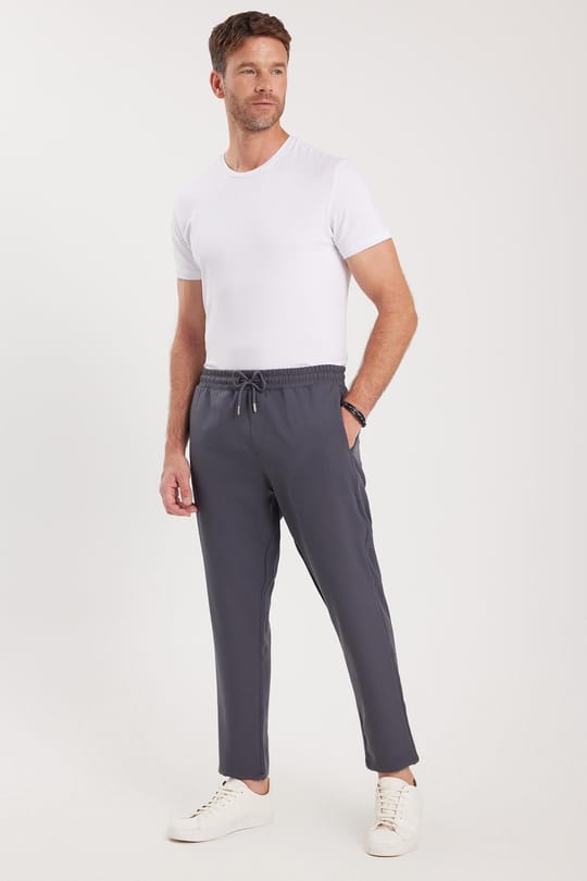 Erkek Regular Fit Beli Lastikli Bağcıklı Jogger Koyu Gri Pantolon Rahat Kesim Yan Cepli