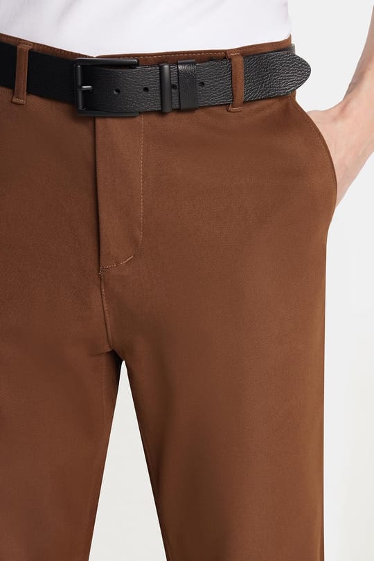 Erkek Slim Fit Chino Esnek Yandan Cepli Önü Fermuarlı Pamuklu Dokulu Kahverengi Pantolon