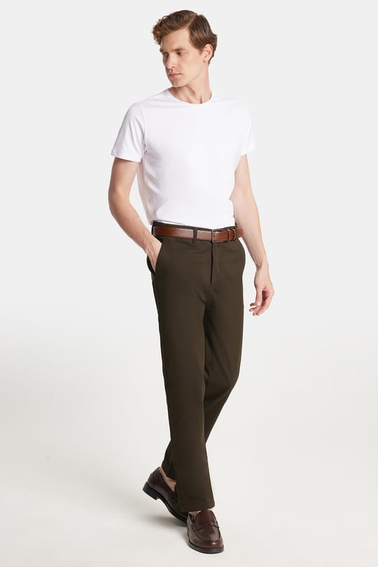 Erkek Slim Fit Chino Esnek Yandan Cepli Önü Fermuarlı Pamuklu Dokulu Haki Pantolon