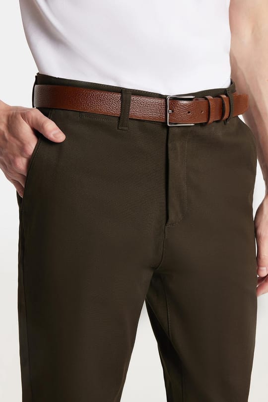 Erkek Slim Fit Chino Esnek Yandan Cepli Önü Fermuarlı Pamuklu Dokulu Haki Pantolon
