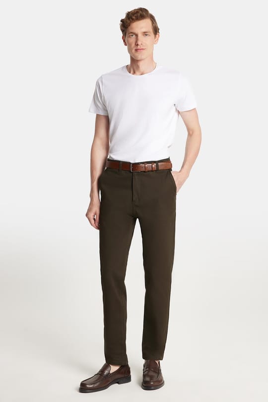 Erkek Slim Fit Chino Esnek Yandan Cepli Önü Fermuarlı Pamuklu Dokulu Haki Pantolon