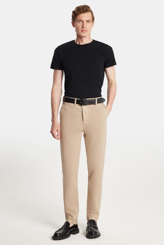 Erkek Slim Fit Chino Esnek Yandan Cepli Önü Fermuarlı Pamuklu Dokulu Bej Pantolon