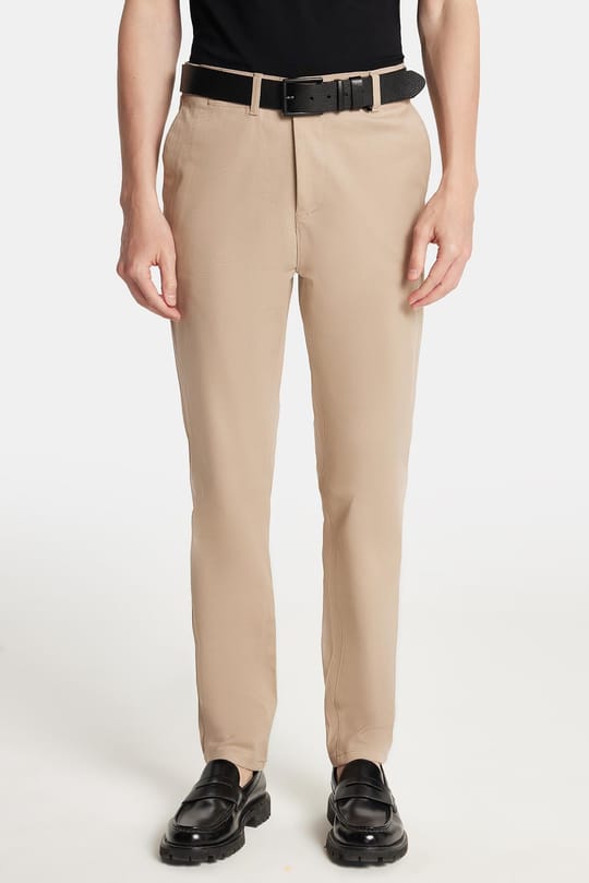 Erkek Slim Fit Chino Esnek Yandan Cepli Önü Fermuarlı Pamuklu Dokulu Bej Pantolon