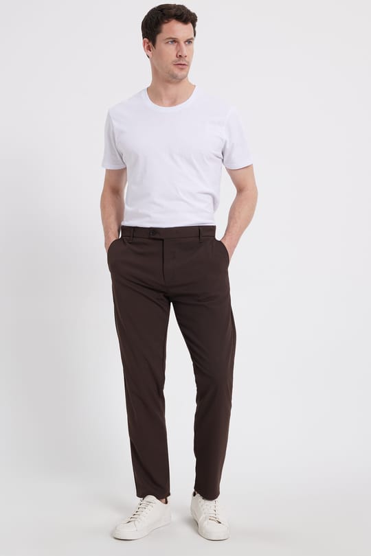 Erkek Slim Fit Dar Kesim Esnek Yan Cepli Bilek Boy Canvas Kesim Kahverengi Pantolon