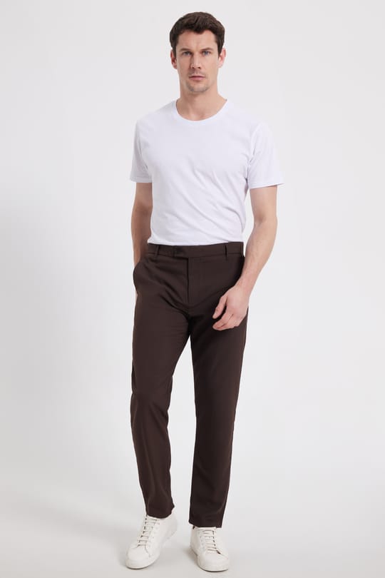 Erkek Slim Fit Dar Kesim Esnek Yan Cepli Bilek Boy Canvas Kesim Kahverengi Pantolon