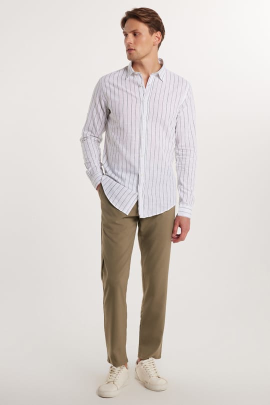 Erkek Slim Fit Dar Kesim Esnek Yan Cepli Bilek Boy Canvas Kesim Açık Haki Pantolon