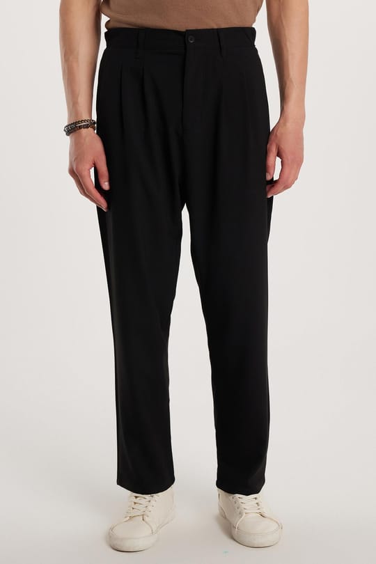 Erkek Regular Fit Çift Pileli Beli Lastikli Rahat Kesim Bol Paça Baggy Siyah Pantolon