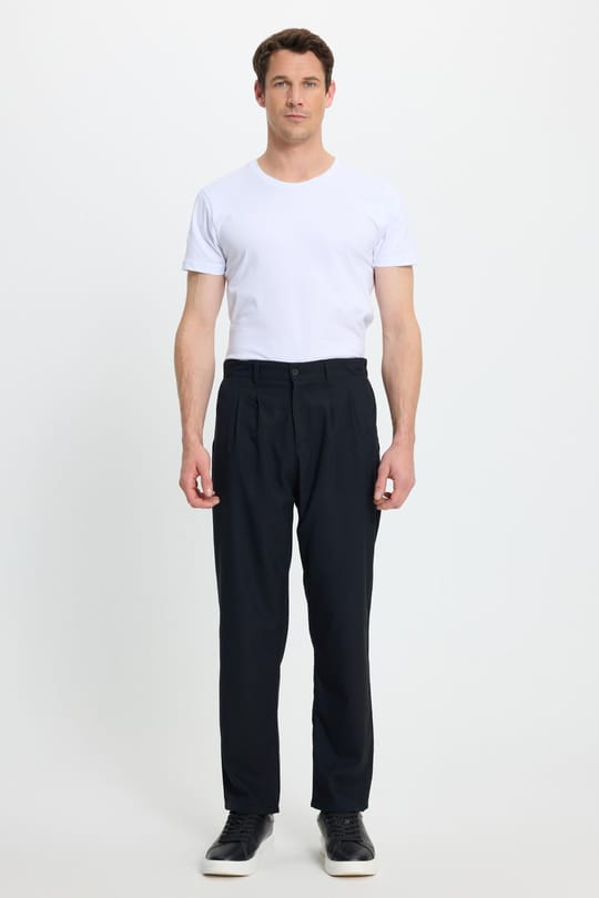 Erkek Regular Fit Çift Pileli Beli Lastikli Rahat Kesim Bol Paça Baggy Lacivert Pantolon