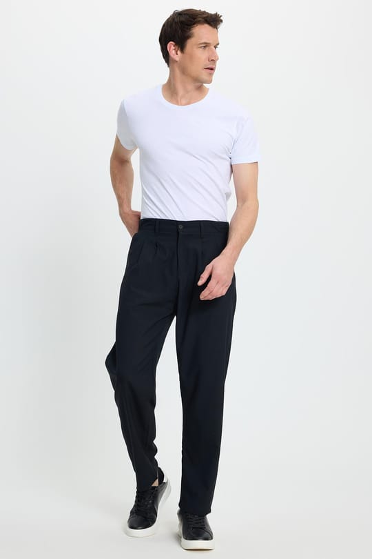 Erkek Regular Fit Çift Pileli Beli Lastikli Rahat Kesim Bol Paça Baggy Lacivert Pantolon