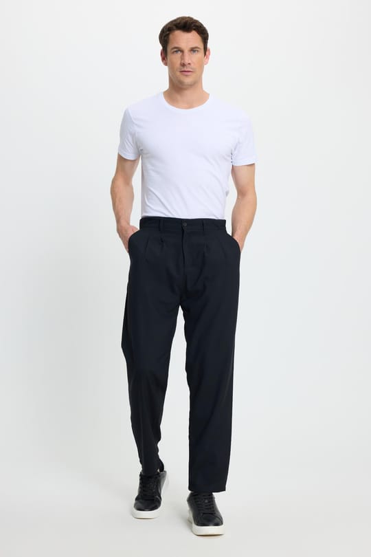 Erkek Regular Fit Çift Pileli Beli Lastikli Rahat Kesim Bol Paça Baggy Lacivert Pantolon