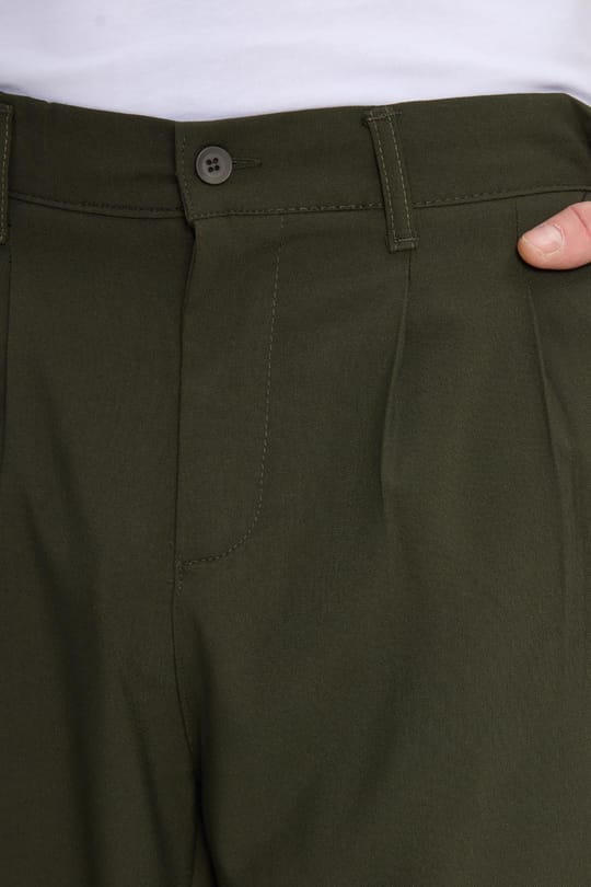 Erkek Regular Fit Çift Pileli Beli Lastikli Rahat Kesim Bol Paça Baggy Haki Pantolon