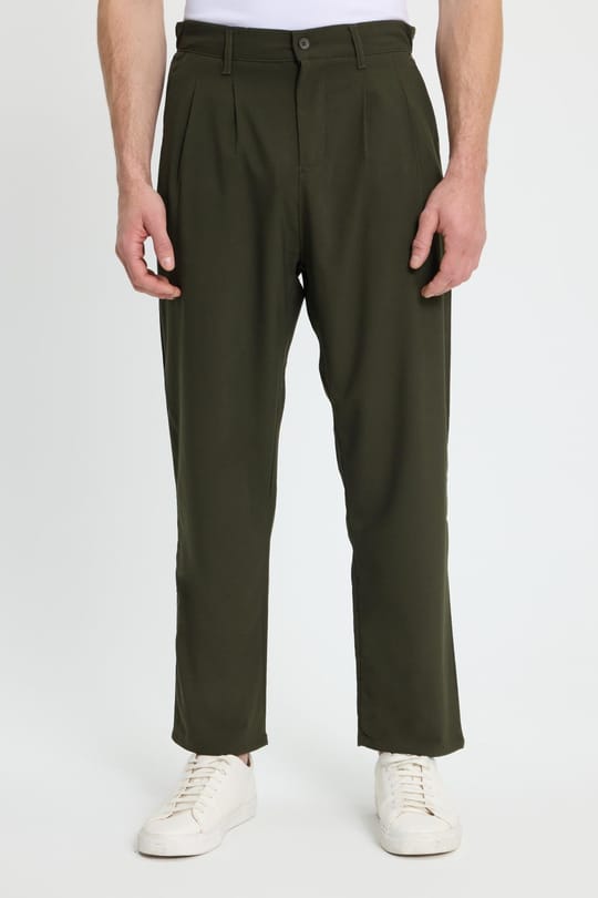 Erkek Regular Fit Çift Pileli Beli Lastikli Rahat Kesim Bol Paça Baggy Haki Pantolon
