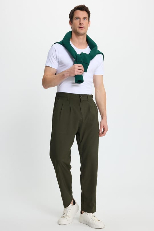 Erkek Regular Fit Çift Pileli Beli Lastikli Rahat Kesim Bol Paça Baggy Haki Pantolon