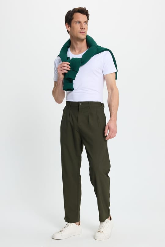 Erkek Regular Fit Çift Pileli Beli Lastikli Rahat Kesim Bol Paça Baggy Haki Pantolon