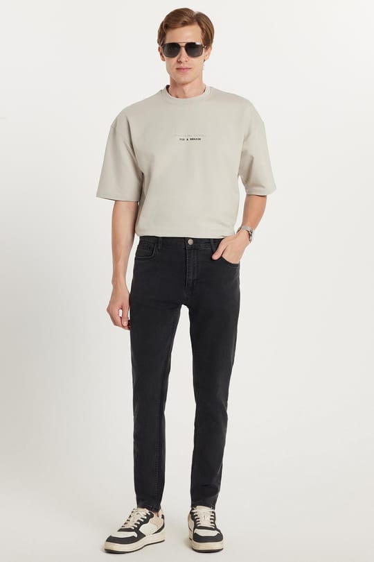 Erkek Regular Fit Yıkamalı Taşlamalı Esnek Kot Düz Paça Tapered Siyah Jean Pantolon