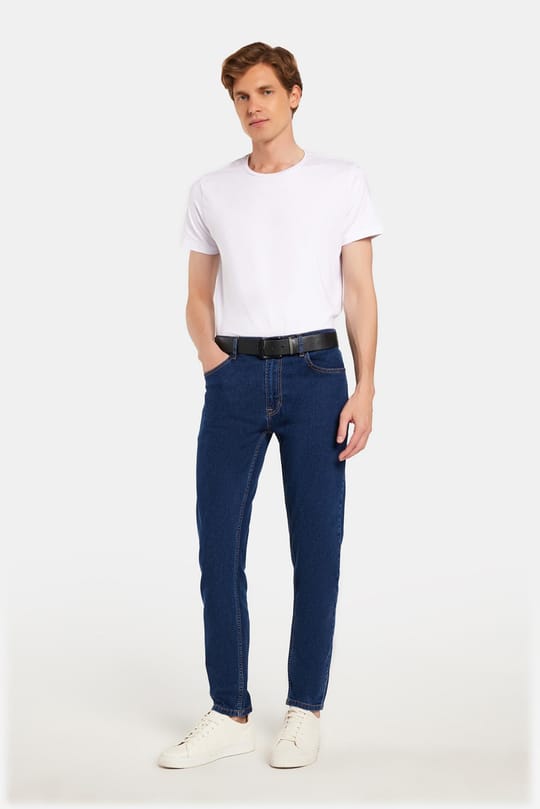 Erkek Regular Fit Yıkamalı Taşlamalı Esnek Kot  Düz Paça Tapered Lacivert Jean Pantolon