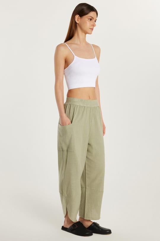 Kadın Relax Fit Rahat Kesim Beli Lastikli %100 Pamuk Bol Paça Haki Pantolon