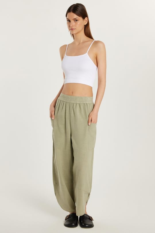 Kadın Relax Fit Rahat Kesim Beli Lastikli %100 Pamuk Bol Paça Haki Pantolon