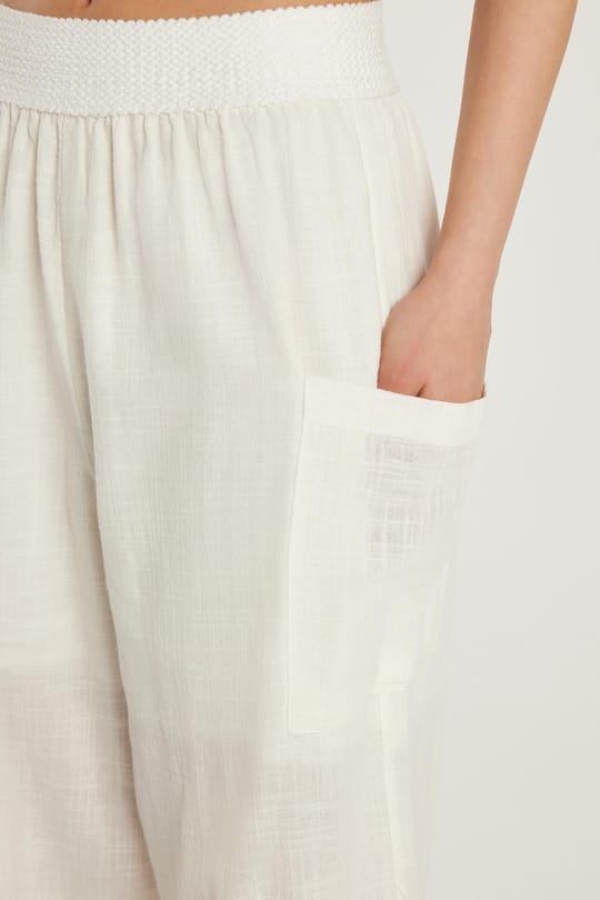 Kadın Relax Fit Rahat Kesim Beli Lastikli %100 Pamuk Bol Paça Ekru Pantolon