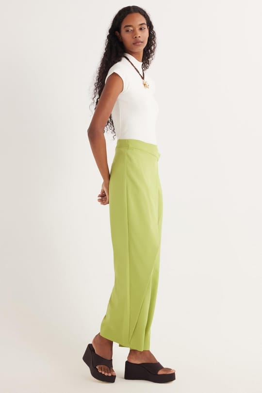 Kadın Standart Fit Geniş Paça Yeşil Double Pantolon