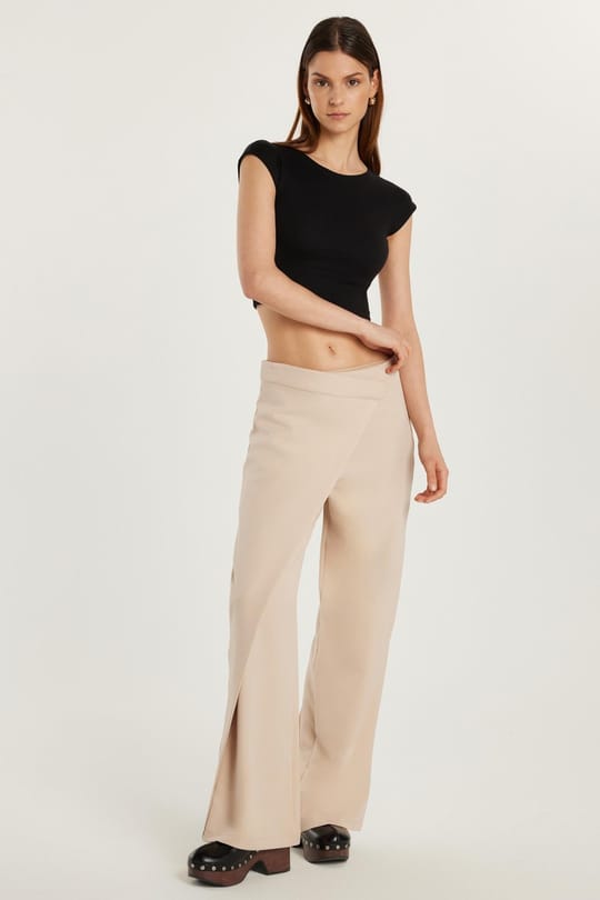 Kadın Standart Fit Geniş Paça Bej Double Pantolon