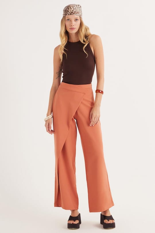 Kadın Standart Fit Geniş Paça Kiremit Double Pantolon