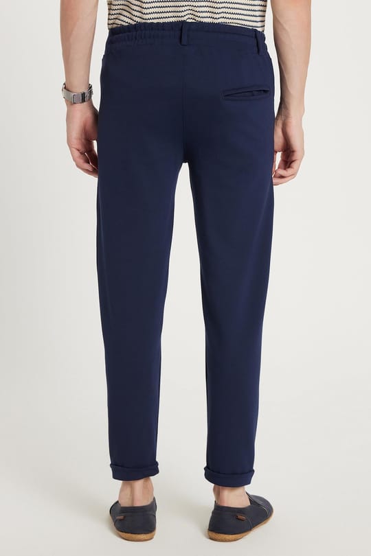 Erkek Slim Fit Pamuklu Beli Bağlamalı Yan Cepli Katlamalı Paça Jogger Lacivert Pantolon