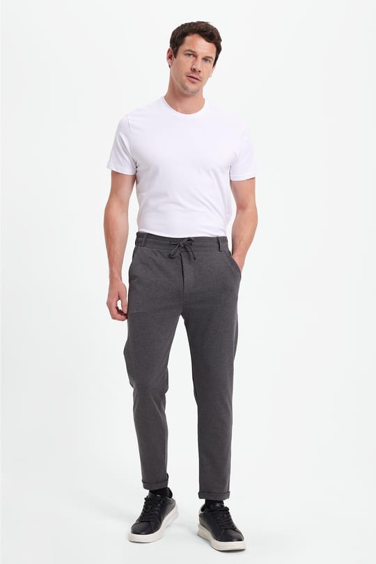 Erkek Slim Fit Pamuklu Beli Bağlamalı Yan Cepli Katlamalı Paça Jogger Gri Pantolon