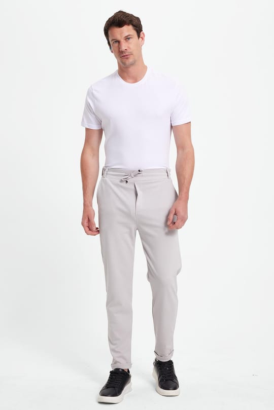 Erkek Slim Fit Pamuklu Beli Bağlamalı Yan Cepli Katlamalı Paça Jogger Gri Pantolon
