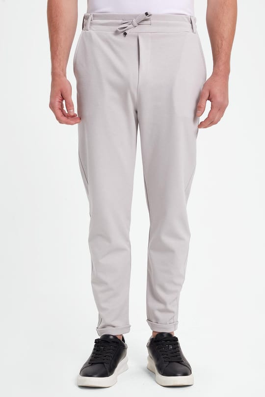 Erkek Slim Fit Pamuklu Beli Bağlamalı Yan Cepli Katlamalı Paça Jogger Gri Pantolon