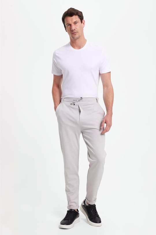 Erkek Slim Fit Pamuklu Beli Bağlamalı Yan Cepli Katlamalı Paça Jogger Gri Pantolon