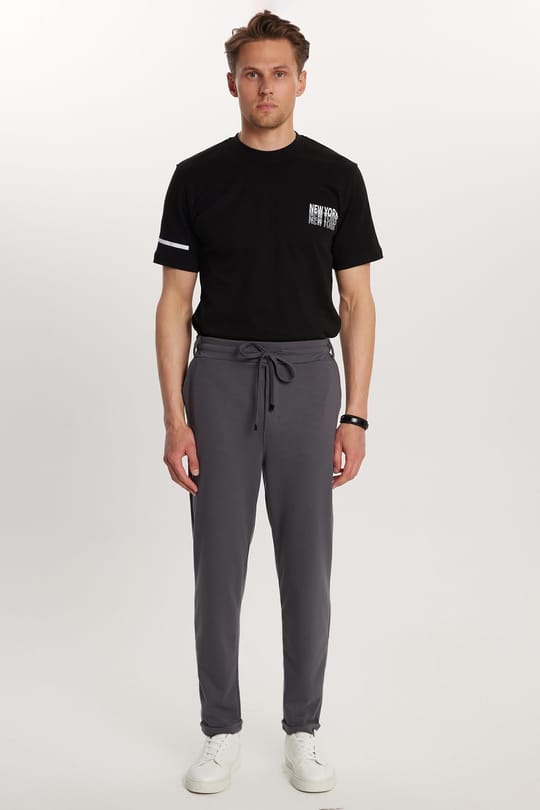 Erkek Slim Fit Pamuklu Beli Bağlamalı Yan Cepli Katlamalı Paça Jogger Antrasit Pantolon