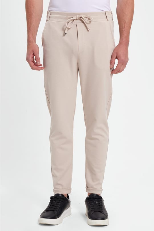 Erkek Slim Fit Pamuklu Beli Bağlamalı Yan Cepli Katlamalı Paça Jogger Bej Pantolon