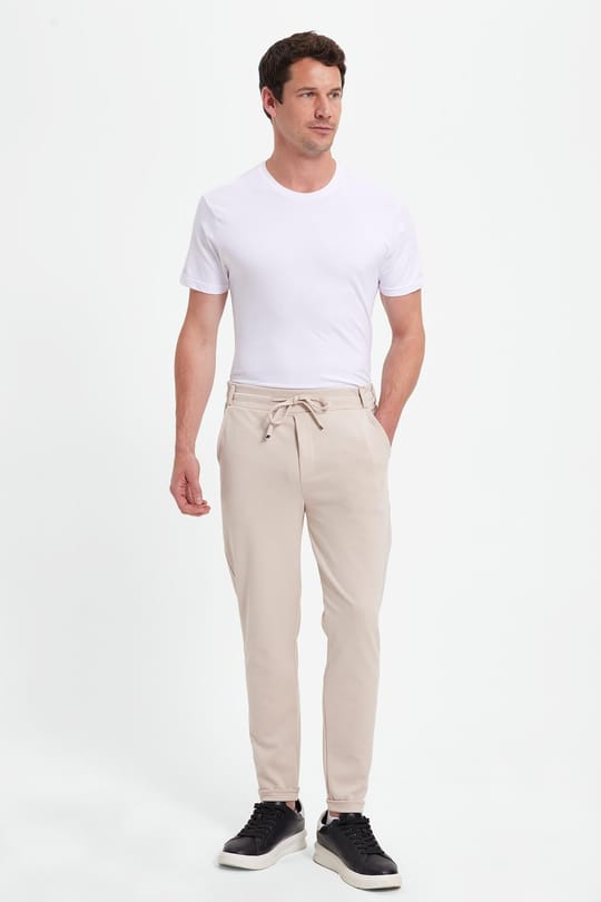 Erkek Slim Fit Pamuklu Beli Bağlamalı Yan Cepli Katlamalı Paça Jogger Bej Pantolon